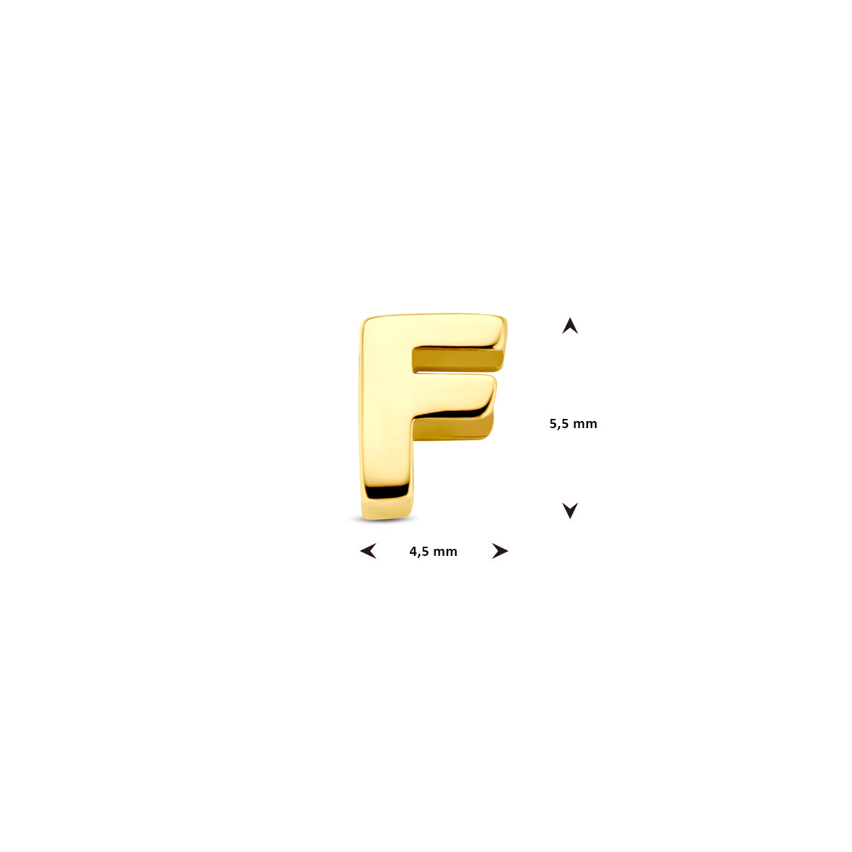 Afmetingen van de 14 karaat gouden letterhanger, letter F: 5,5 mm hoog