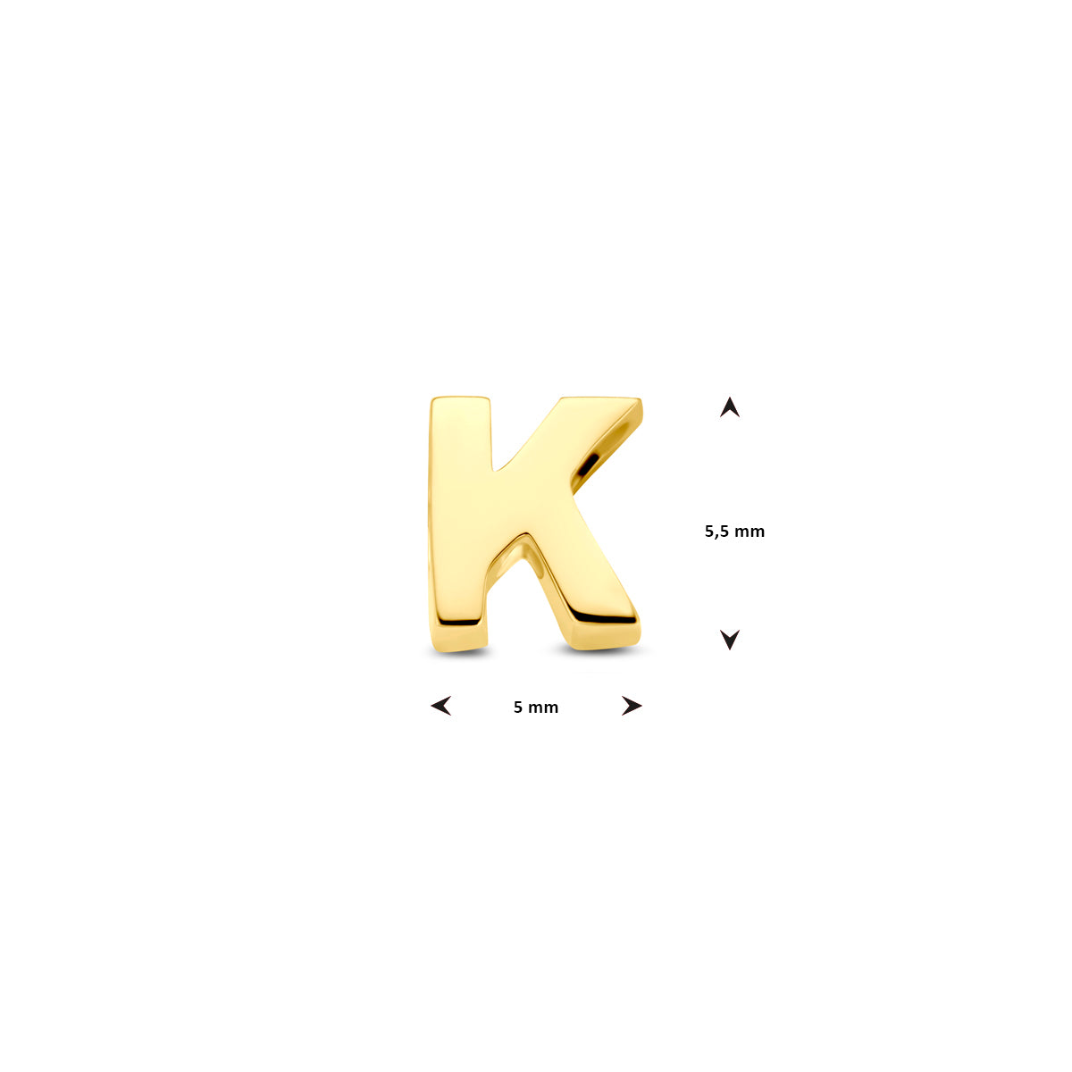 Afmetingen van de 14 karaat gouden letterhanger, letter K: 5,5 mm hoog
