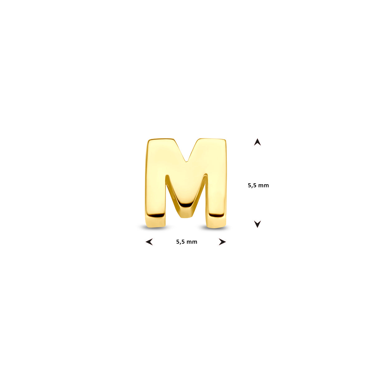 Afmetingen van de 14 karaat gouden letterhanger, letter M: 5,5 mm hoog