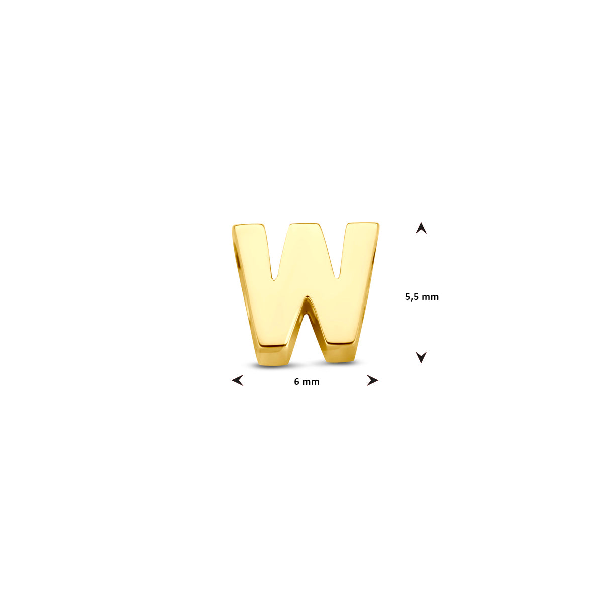 Afmetingen van de 14 karaat gouden letterhanger, letter W: 5,5 mm hoog