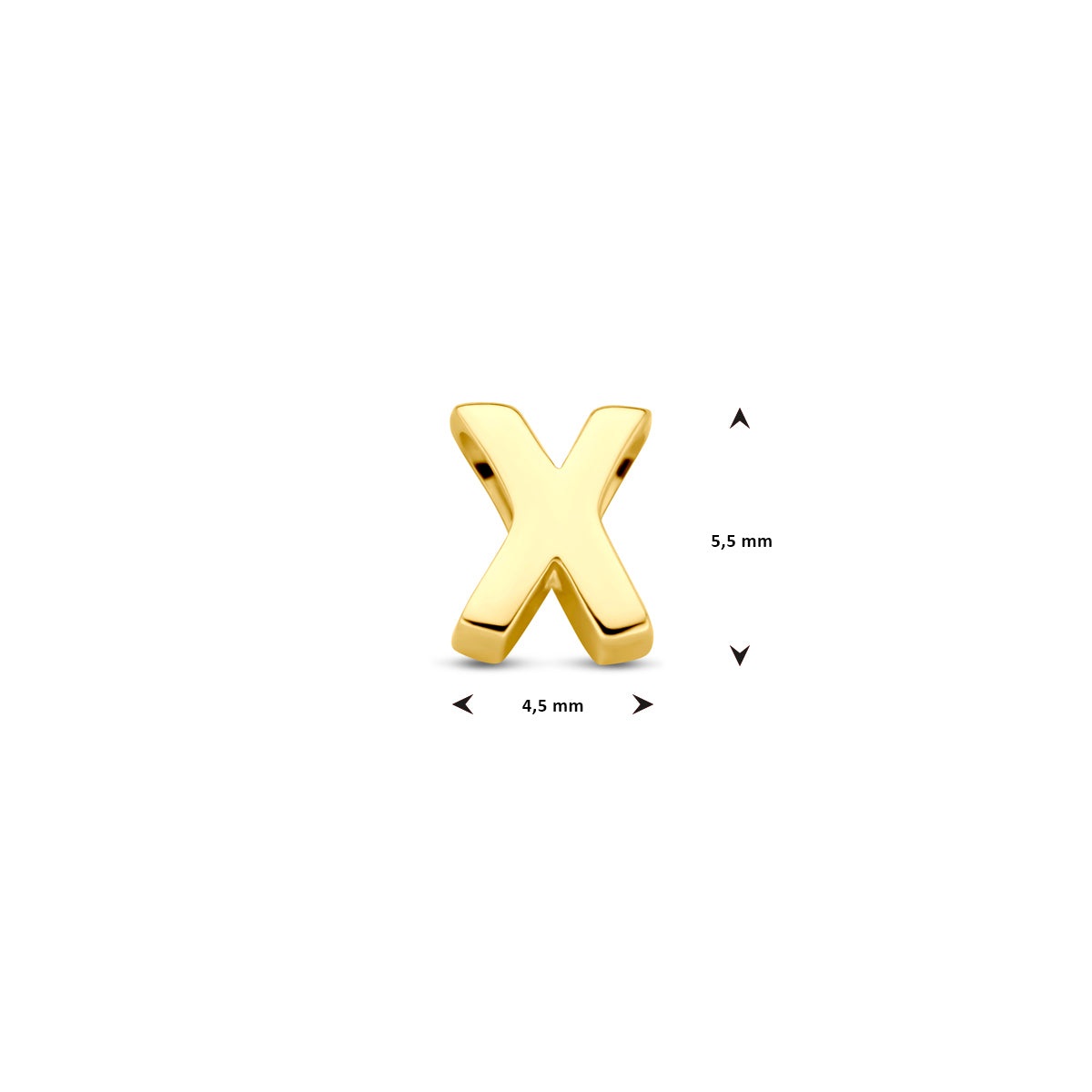 Afmetingen van de 14 karaat gouden letterhanger, letter X: 5,5 mm hoog