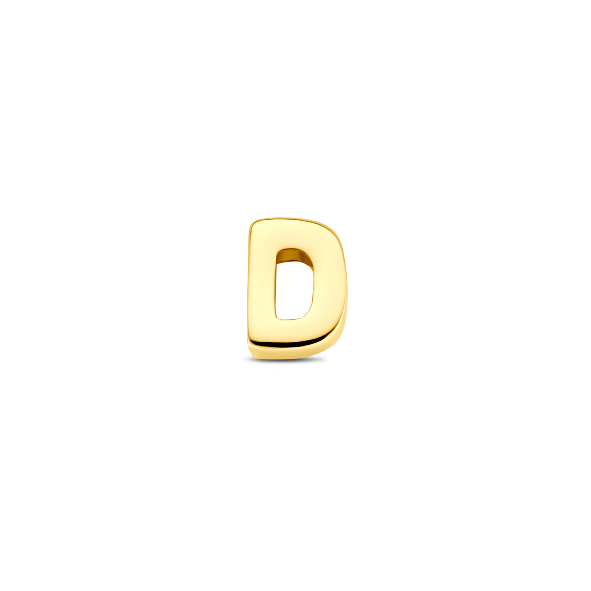 Vooraanzicht van de 14 karaat gouden letterhanger, letter D