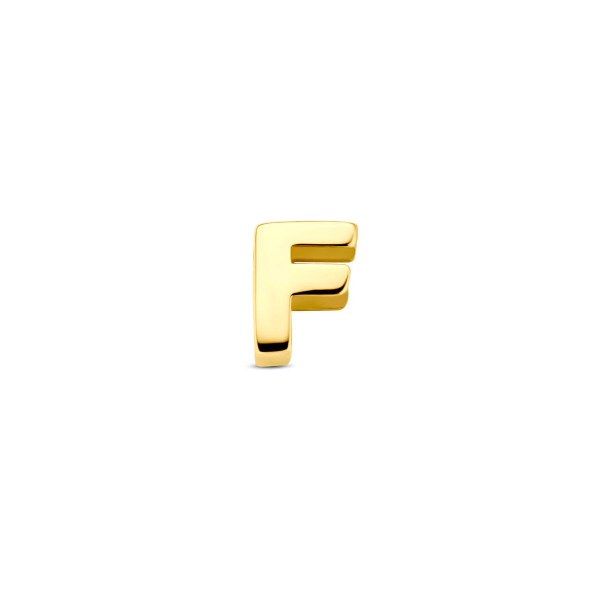 Vooraanzicht van de 14 karaat gouden letterhanger, letter F