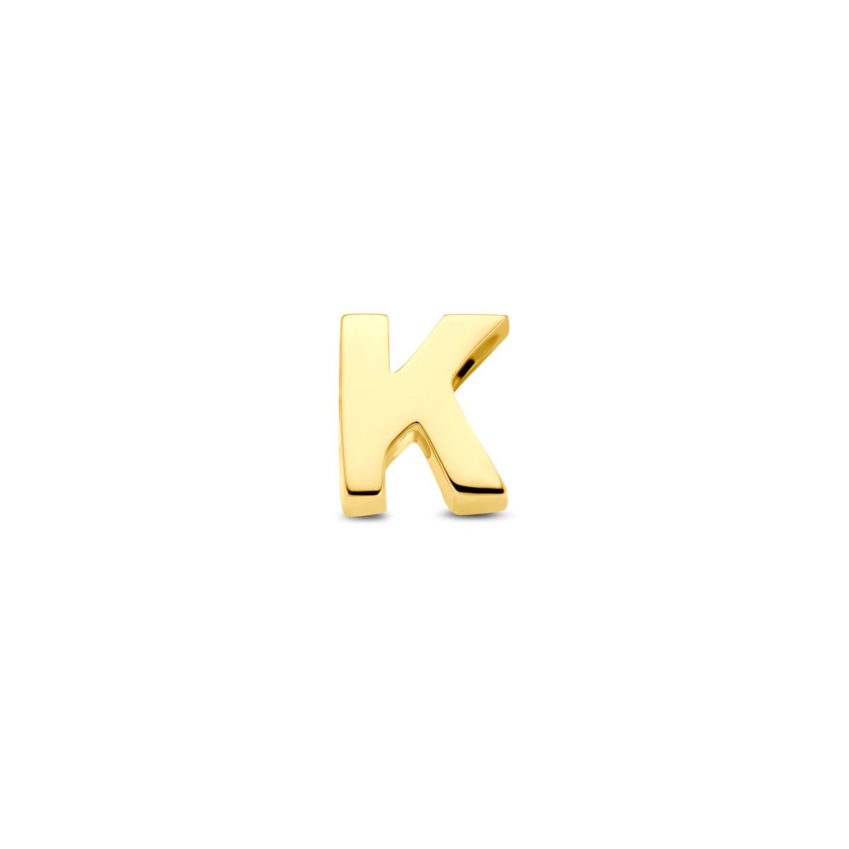 Vooraanzicht van de 14 karaat gouden letterhanger, letter K