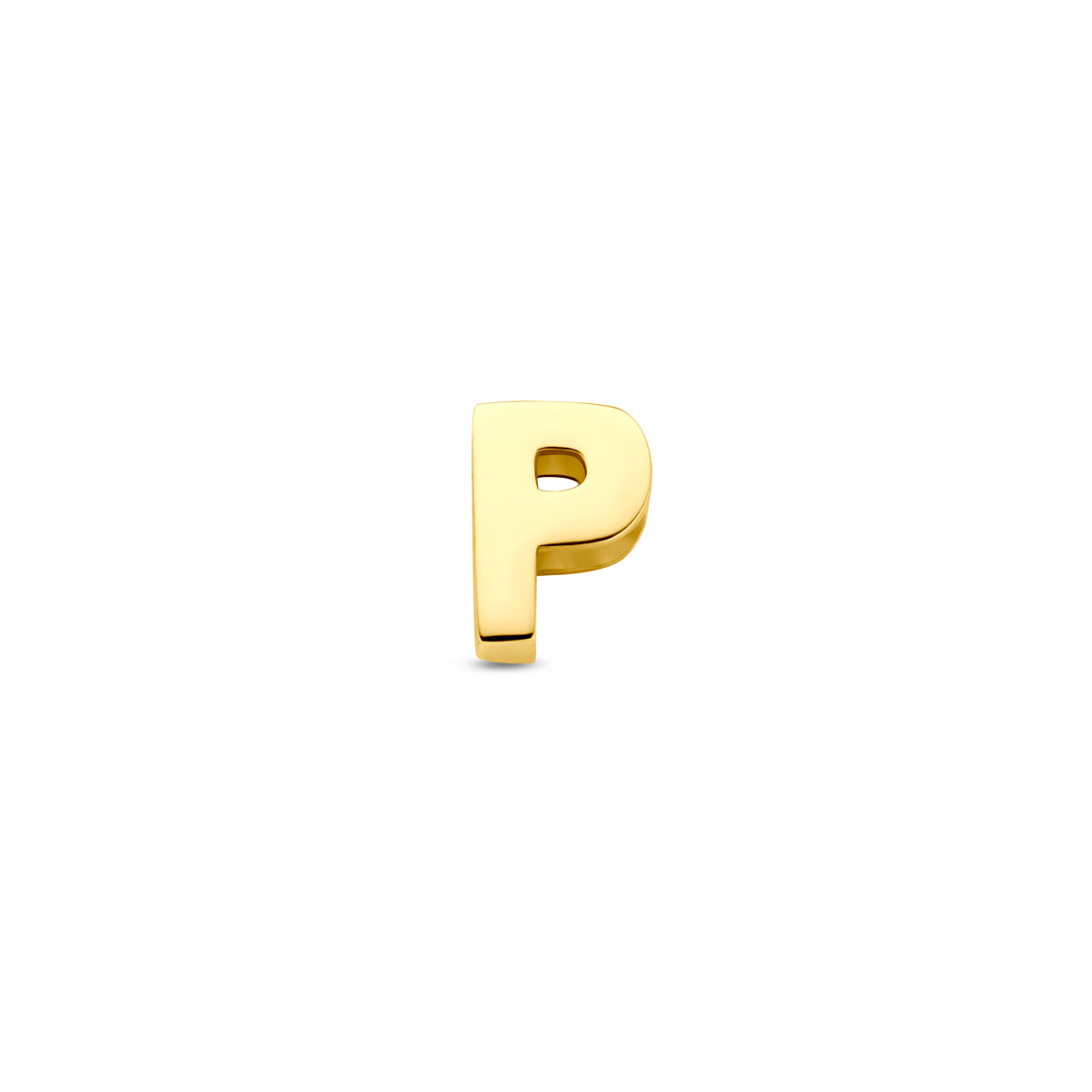 Vooraanzicht van de 14 karaat gouden letterhanger, letter P