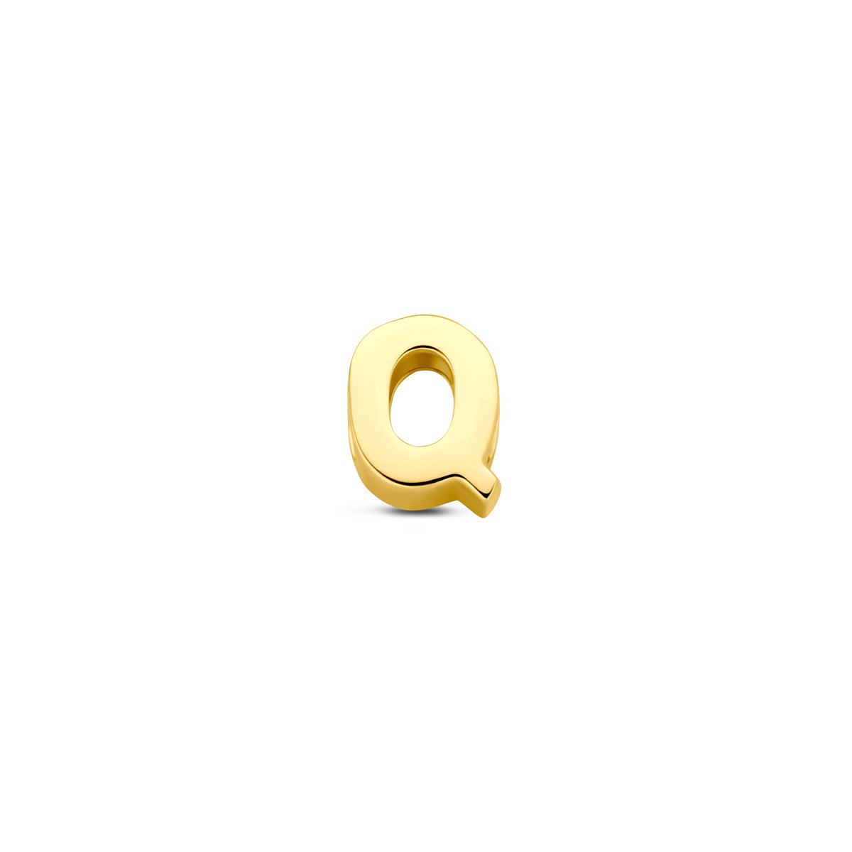 Vooraanzicht van de 14 karaat gouden letterhanger, letter Q