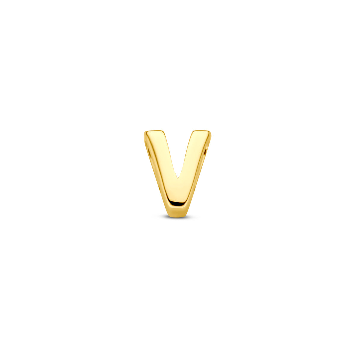 Vooraanzicht van de 14 karaat gouden letterhanger, letter V