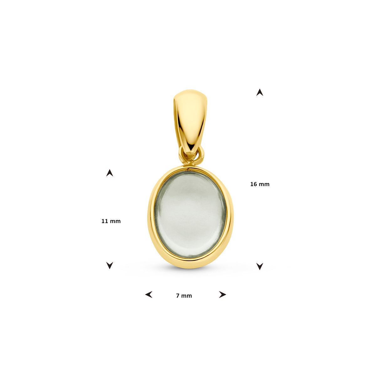 Afmetingen van de 14 karaat gouden hanger met groene amethist: 16 mm hoog inclusief oog