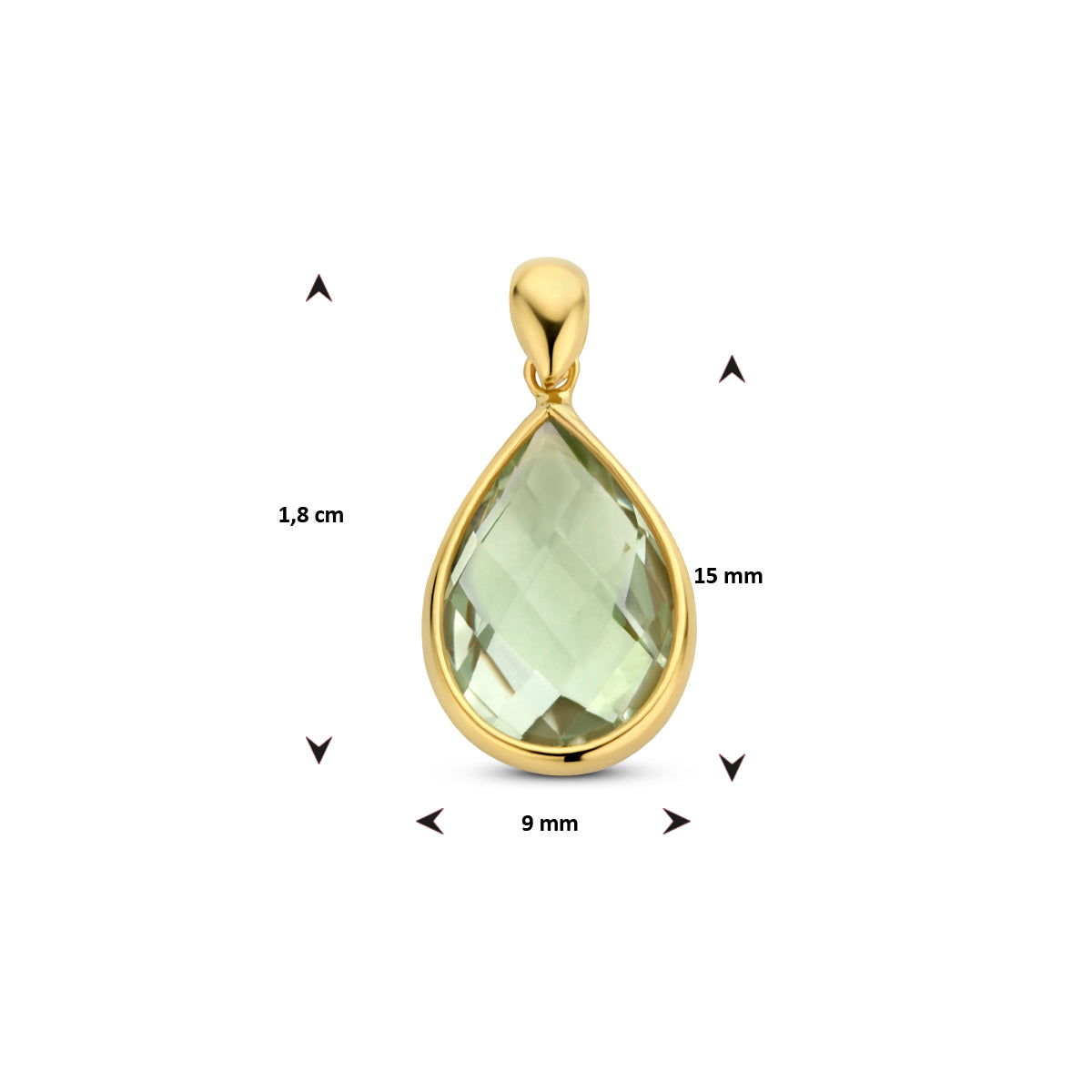 Afmetingen van de 14 karaat gouden hanger met groene amethist: 18 mm hoog inclusief oog