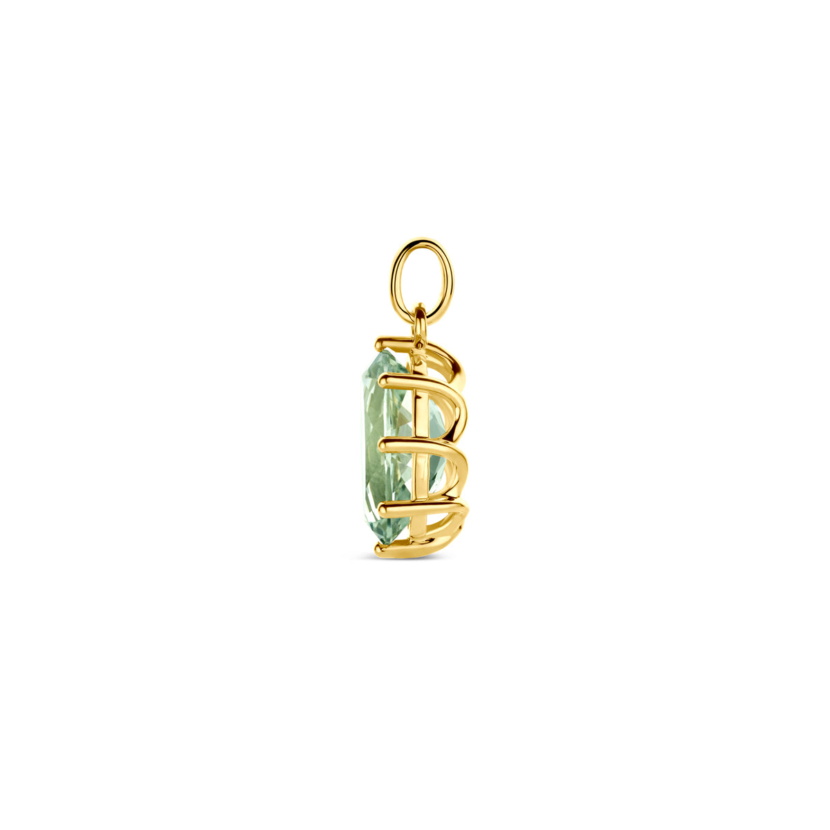 Zijaanzicht van de 14 karaat gouden hanger met groene amethist
