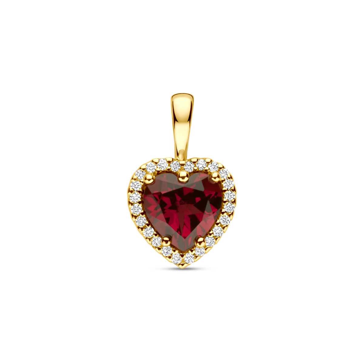Vooraanzicht van de 14 karaat gouden hartje hanger rhodoliet en diamant 0,06 ct (hartjes hanger)