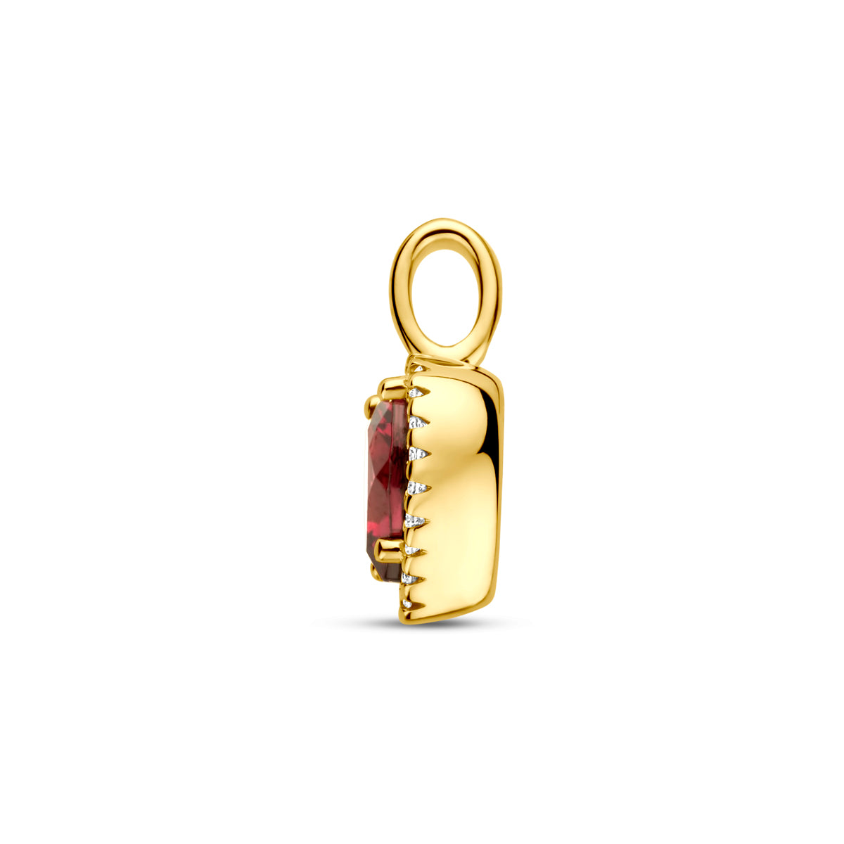 Zijaanzicht van de 14 karaat gouden hartje hanger rhodoliet en diamant 0,06 ct (hartjes hanger)