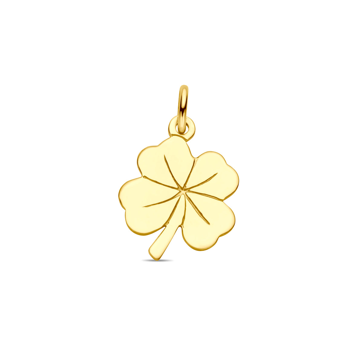 Vooraanzicht van de 14 karaat gouden klavertje hanger (klavertje vier hanger), 15,5 mm