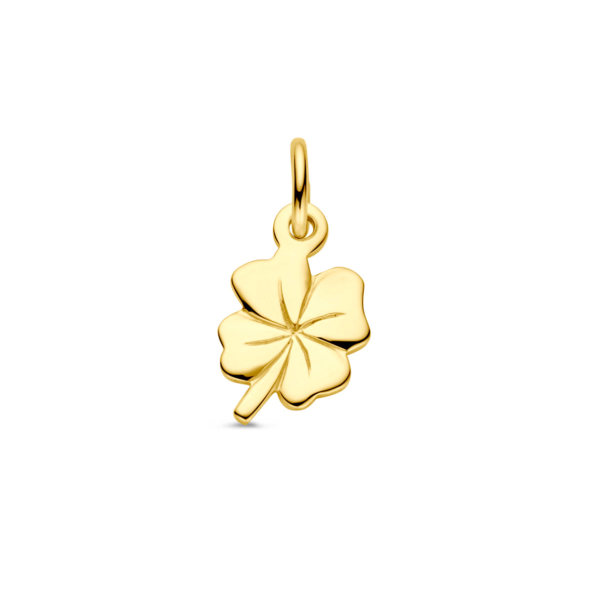 Vooraanzicht van de 14 karaat gouden klavertje hanger (klavertje vier hanger), 9 mm
