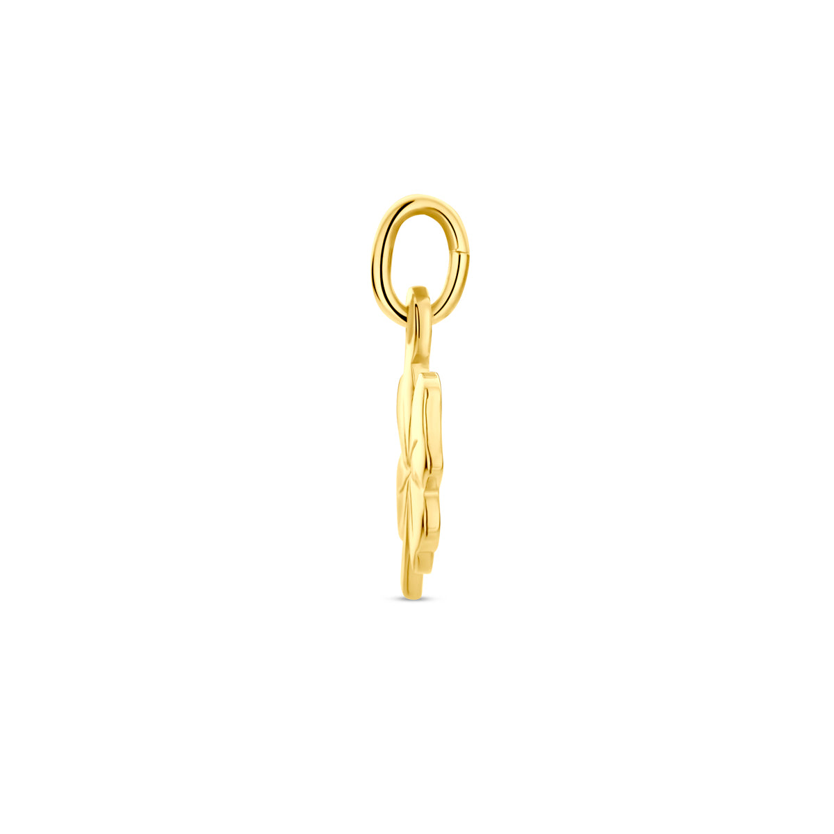 Zijaanzicht van de 14 karaat gouden klavertje hanger (klavertje vier hanger), 9 mm