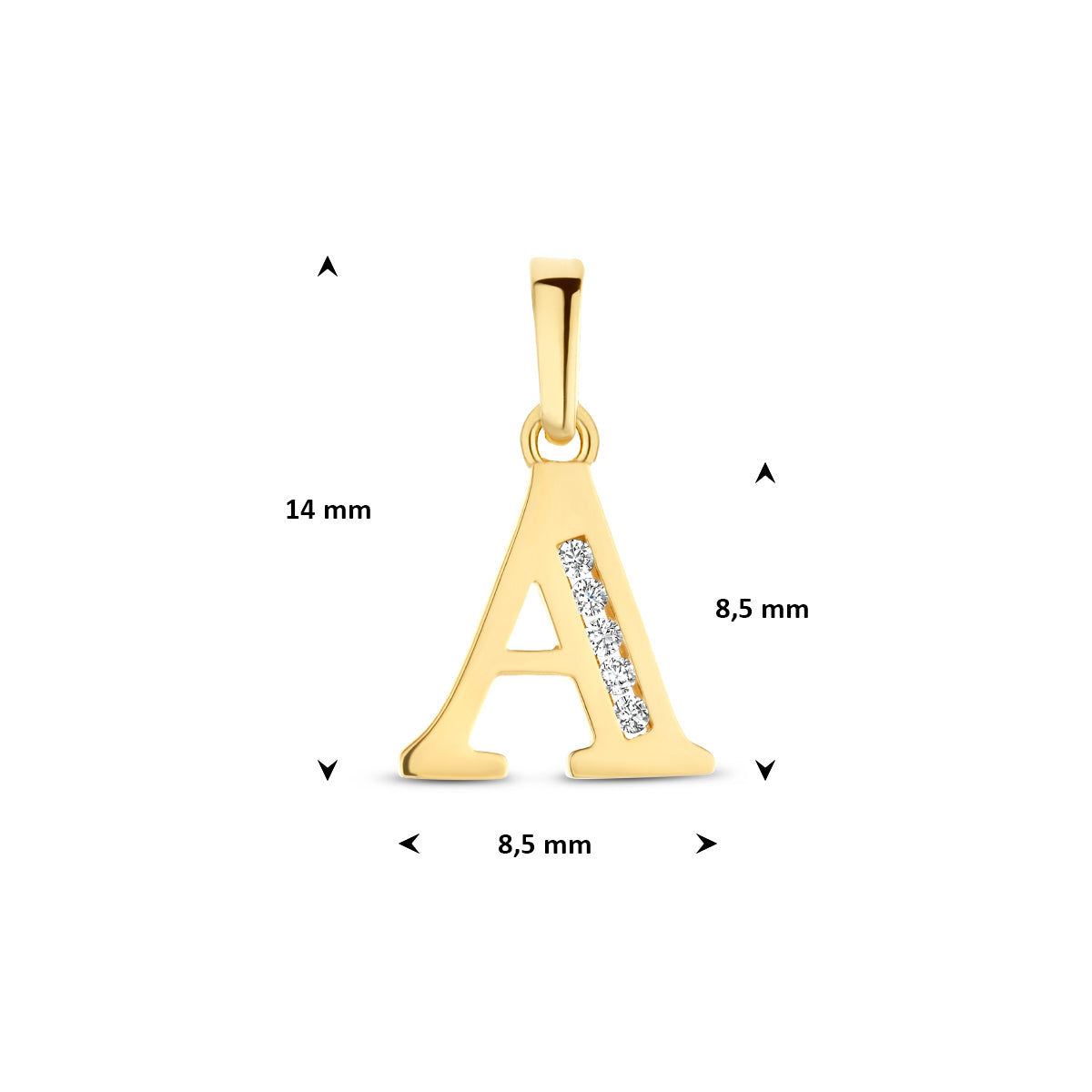 Afmetingen van de letterhanger goud van 14 karaat met zirkonia, letter A: 14 mm hoog inclusief oog, 8,5 mm breed