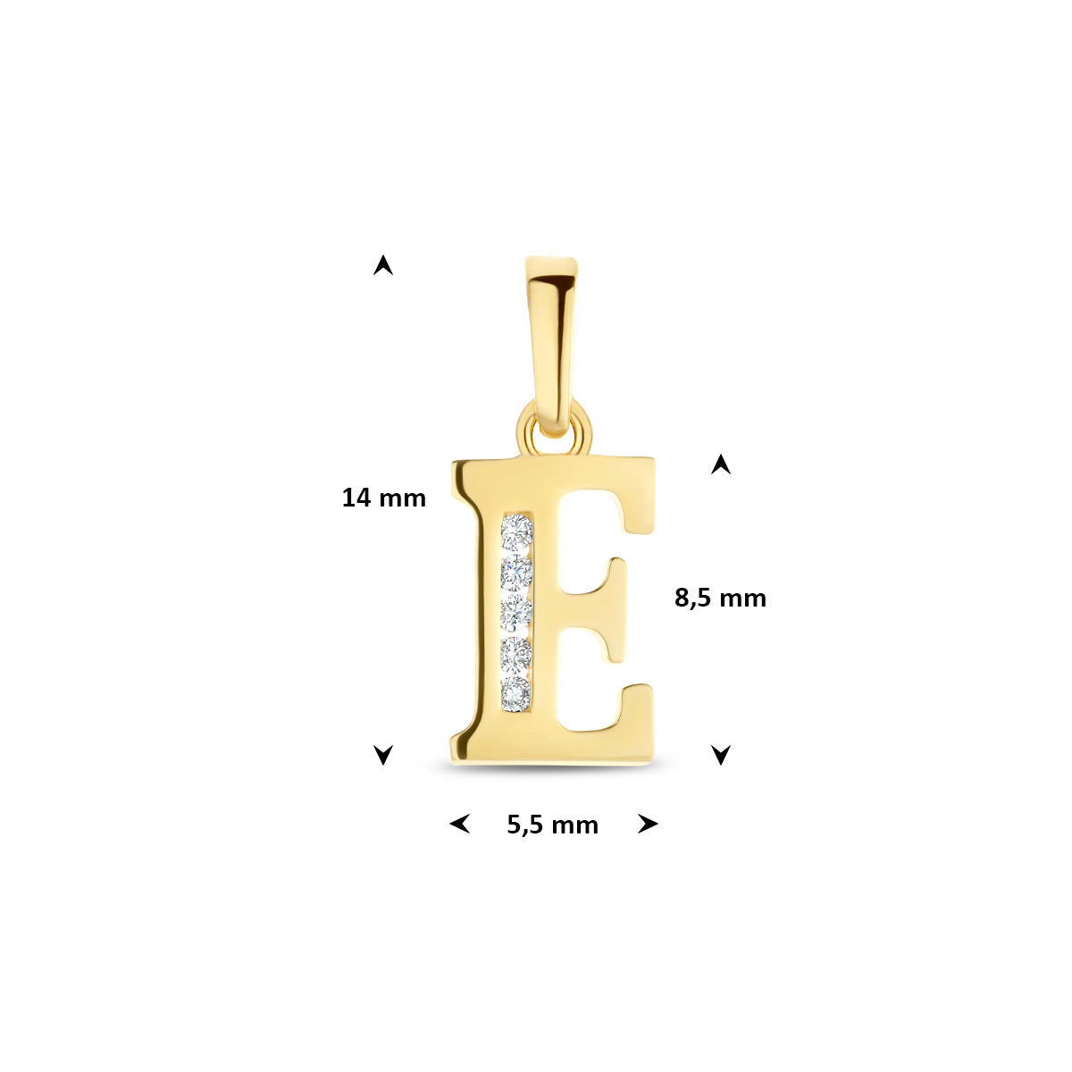 Afmetingen van de letterhanger goud van 14 karaat met zirkonia, letter E: 14 mm hoog inclusief oog, 5,5 mm breed