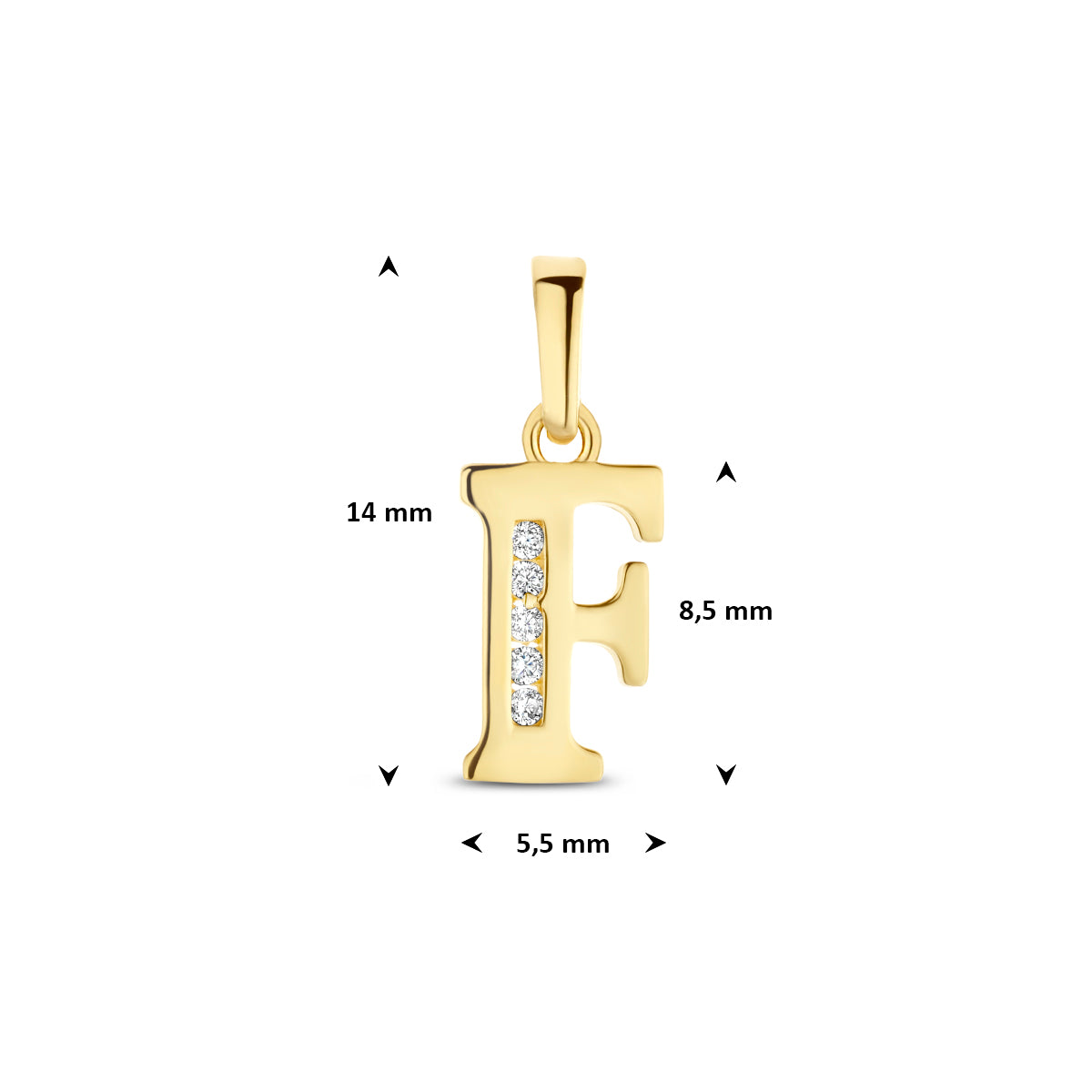 Afmetingen van de letterhanger goud van 14 karaat met zirkonia, letter F: 14 mm hoog inclusief oog, 5,5 mm breed