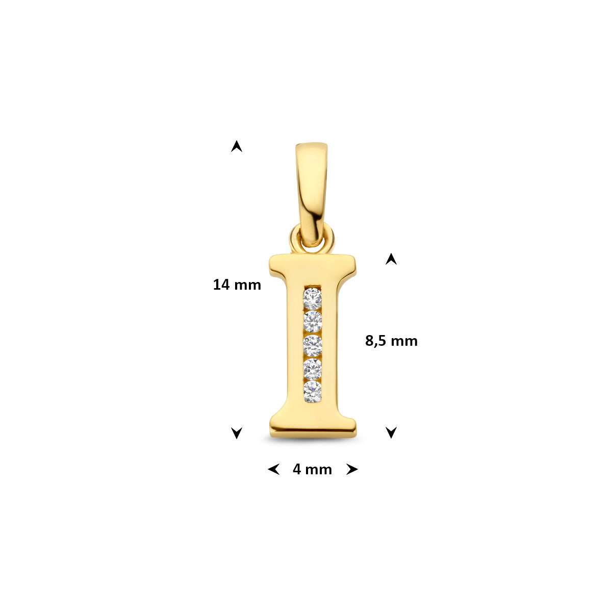Afmetingen van de letterhanger goud van 14 karaat met zirkonia, letter I: 14 mm hoog inclusief oog, 4 mm breed