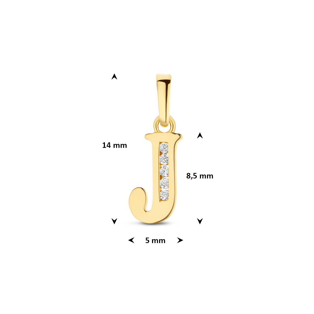Afmetingen van de letterhanger goud van 14 karaat met zirkonia, letter J: 14 mm hoog inclusief oog, 5 mm breed