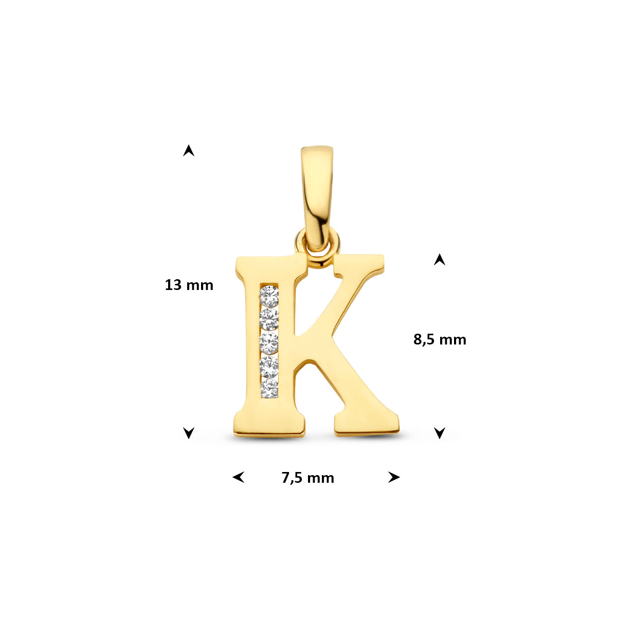 Afmetingen van de letterhanger goud van 14 karaat met zirkonia, letter K: 13 mm hoog inclusief oog, 7,5 mm breed