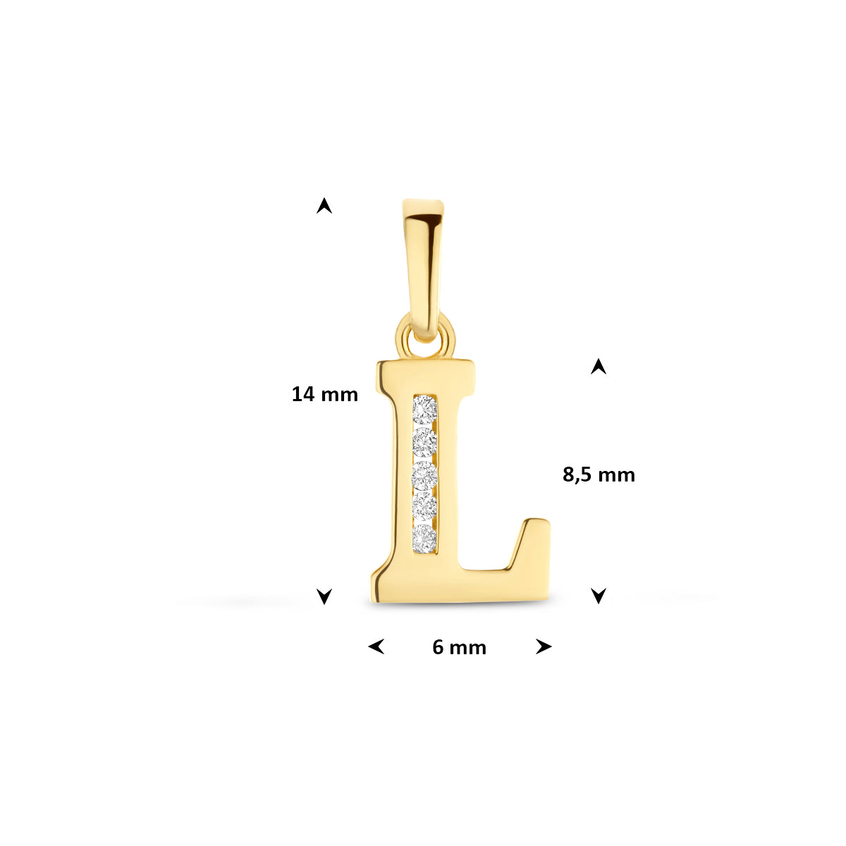 Afmetingen van de letterhanger goud van 14 karaat met zirkonia, letter L: 14 mm hoog inclusief oog, 6 mm breed