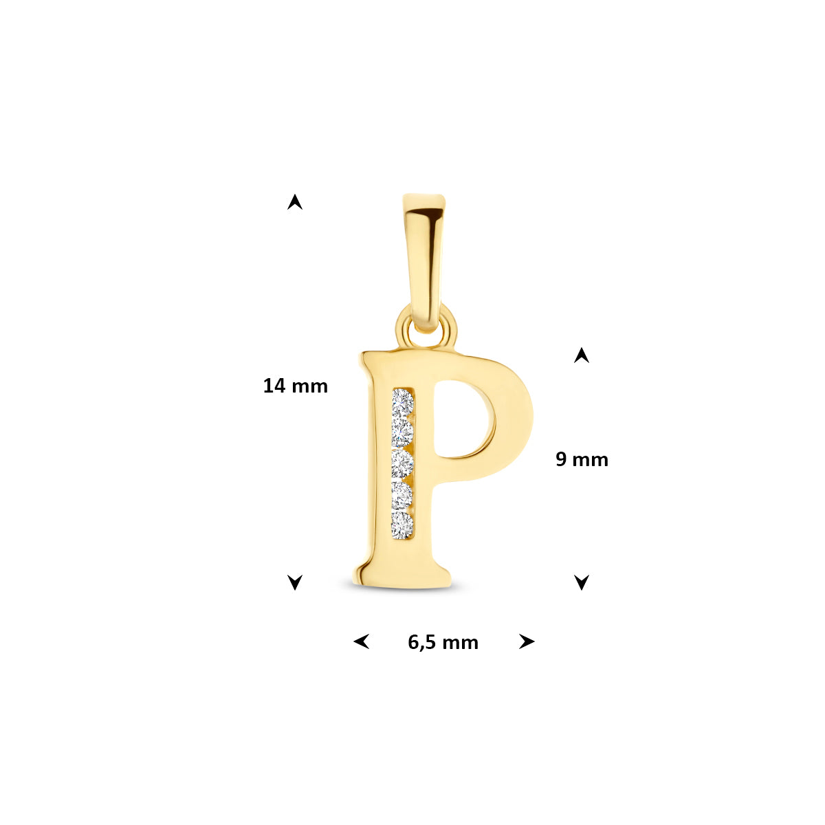 Afmetingen van de letterhanger goud van 14 karaat met zirkonia, letter P: 14 mm hoog inclusief oog, 6,5 mm breed