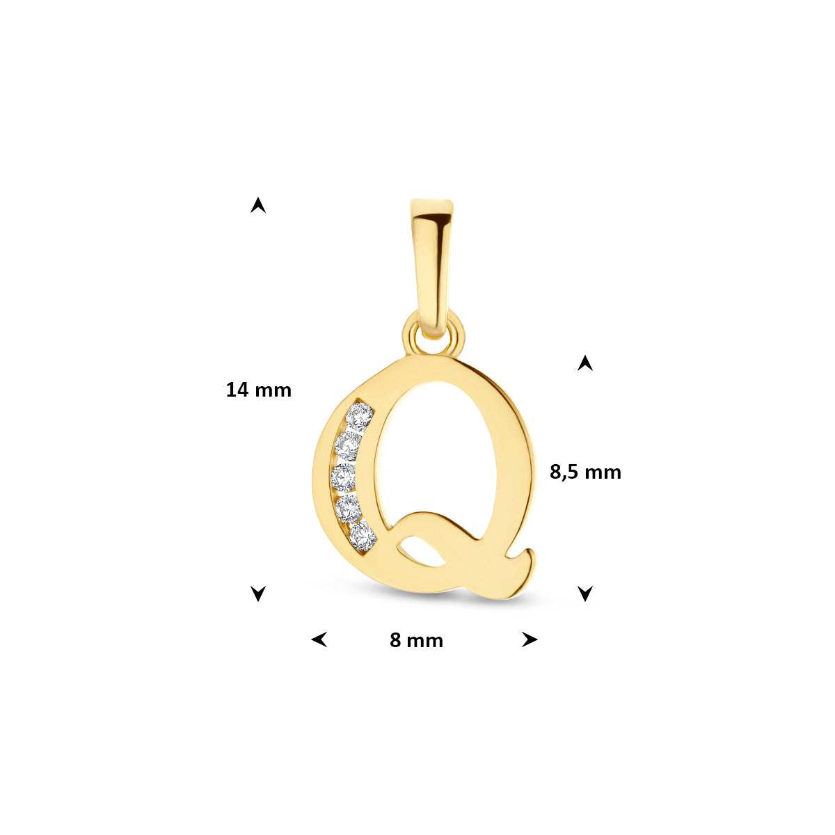 Afmetingen van de letterhanger goud van 14 karaat met zirkonia, letter Q: 14 mm hoog inclusief oog, 8 mm breed