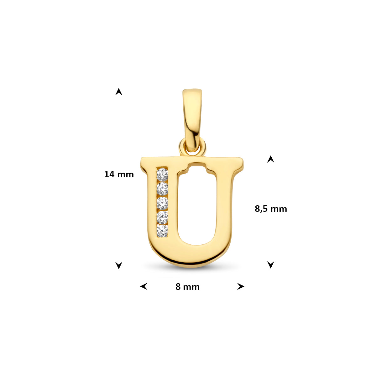 Afmetingen van de letterhanger goud van 14 karaat met zirkonia, letter U: 14 mm hoog inclusief oog, 8 mm breed