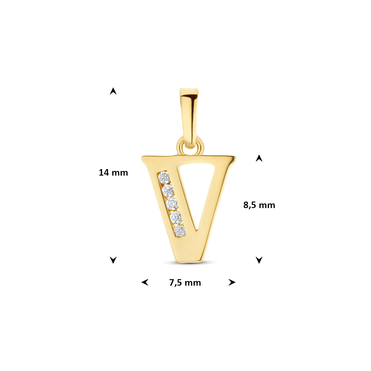 Afmetingen van de letterhanger goud van 14 karaat met zirkonia, letter V: 14 mm hoog inclusief oog, 7,5 mm breed
