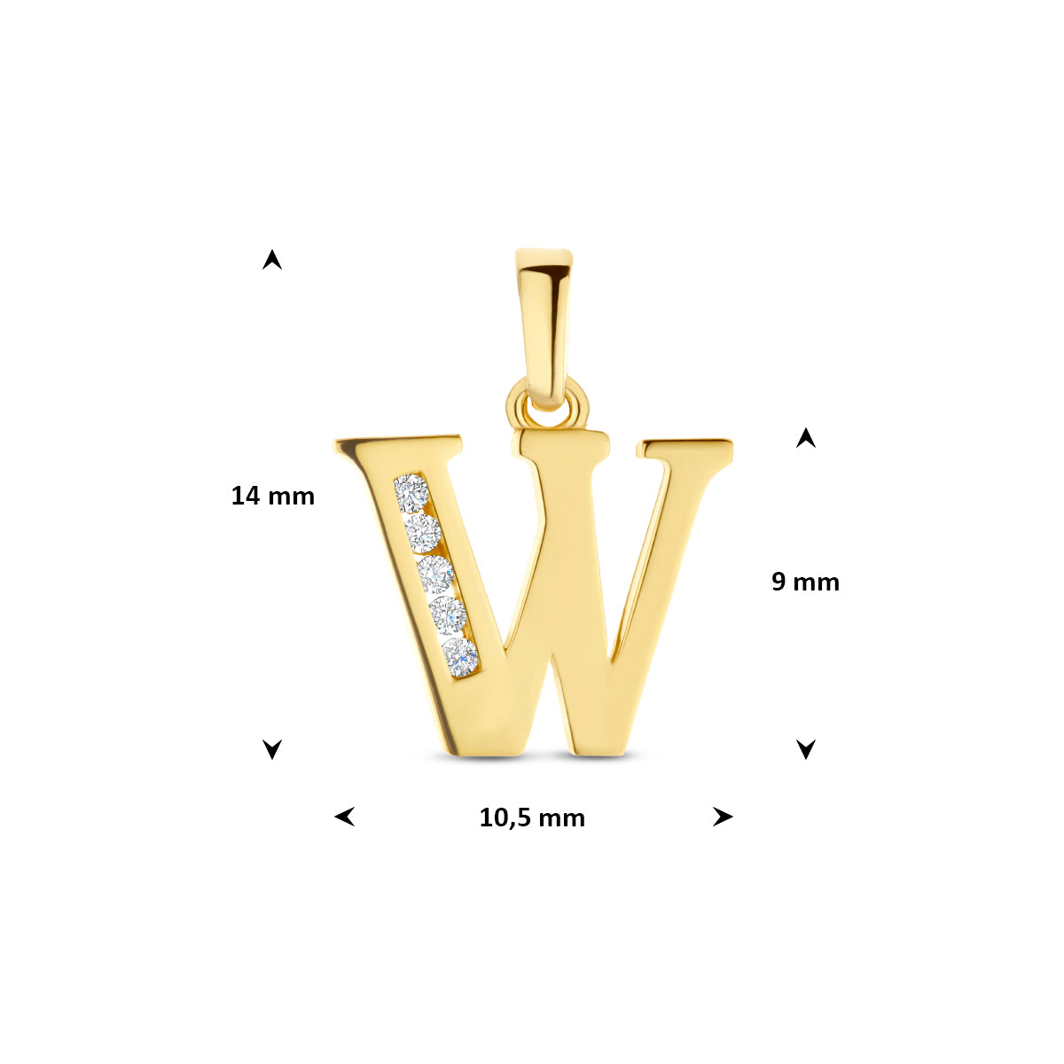 Afmetingen van de letterhanger goud van 14 karaat met zirkonia, letter W: 14 mm hoog inclusief oog, 10,5 mm breed