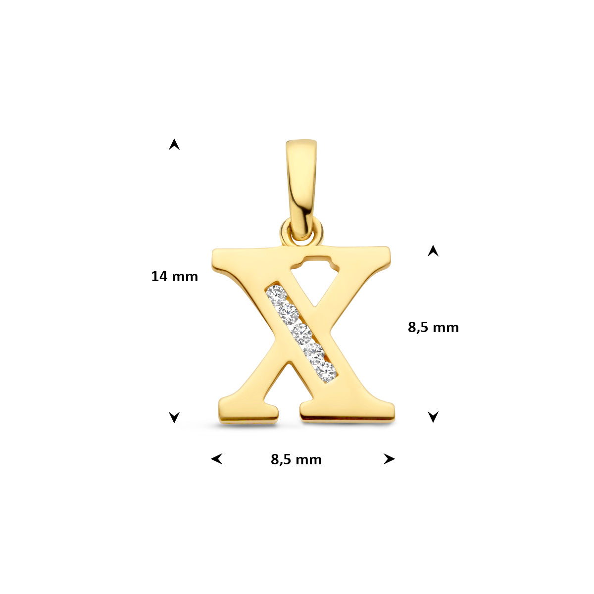 Afmetingen van de letterhanger goud van 14 karaat met zirkonia, letter X: 14 mm hoog inclusief oog, 8,5 mm breed
