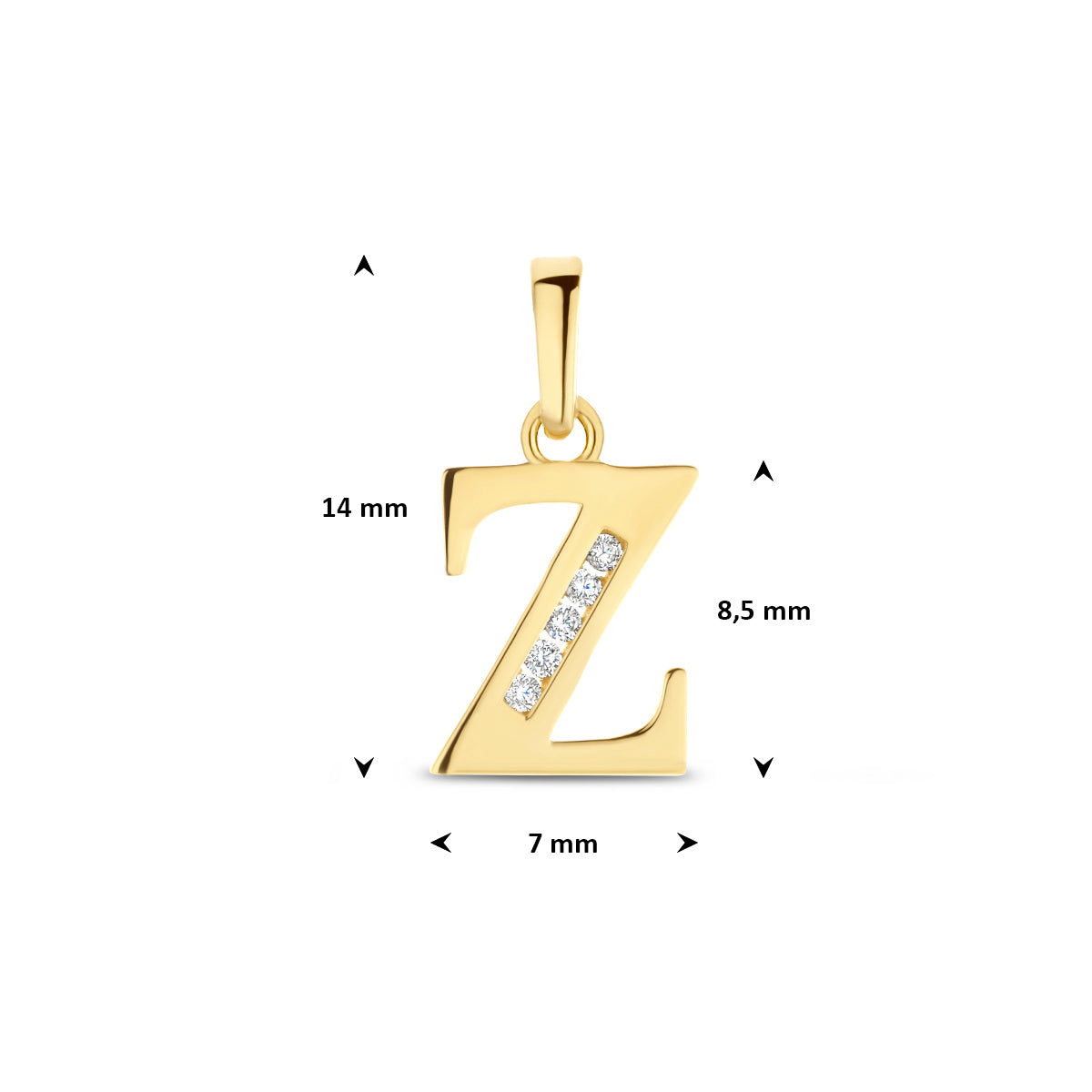 Afmetingen van de letterhanger goud van 14 karaat met zirkonia, letter Z: 14 mm hoog inclusief oog, 7 mm breed