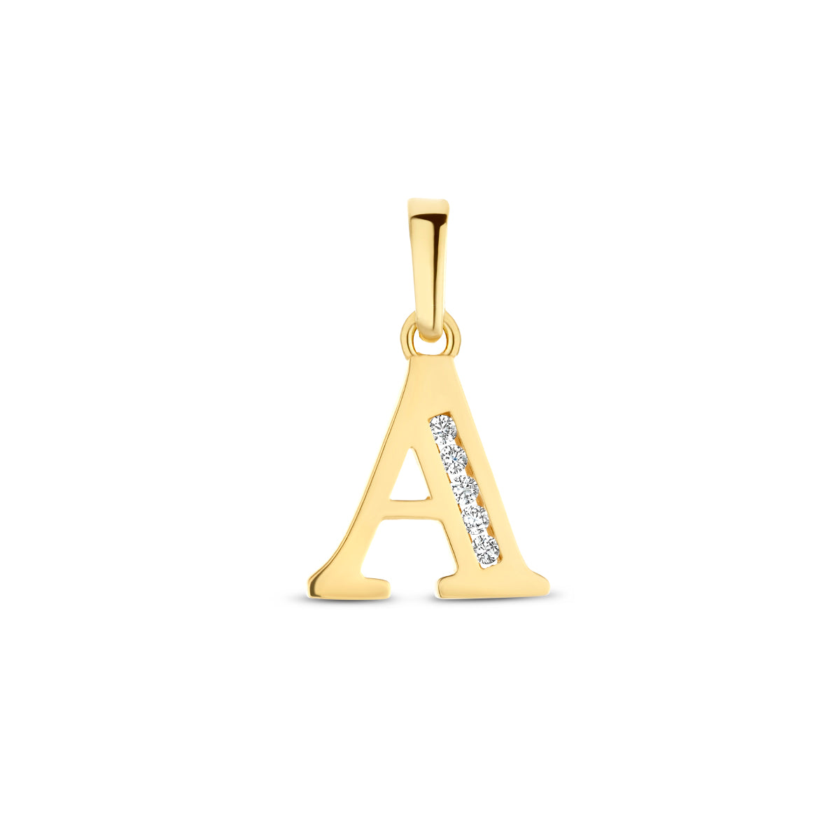 Vooraanzicht van de letterhanger goud van 14 karaat met zirkonia, letter A