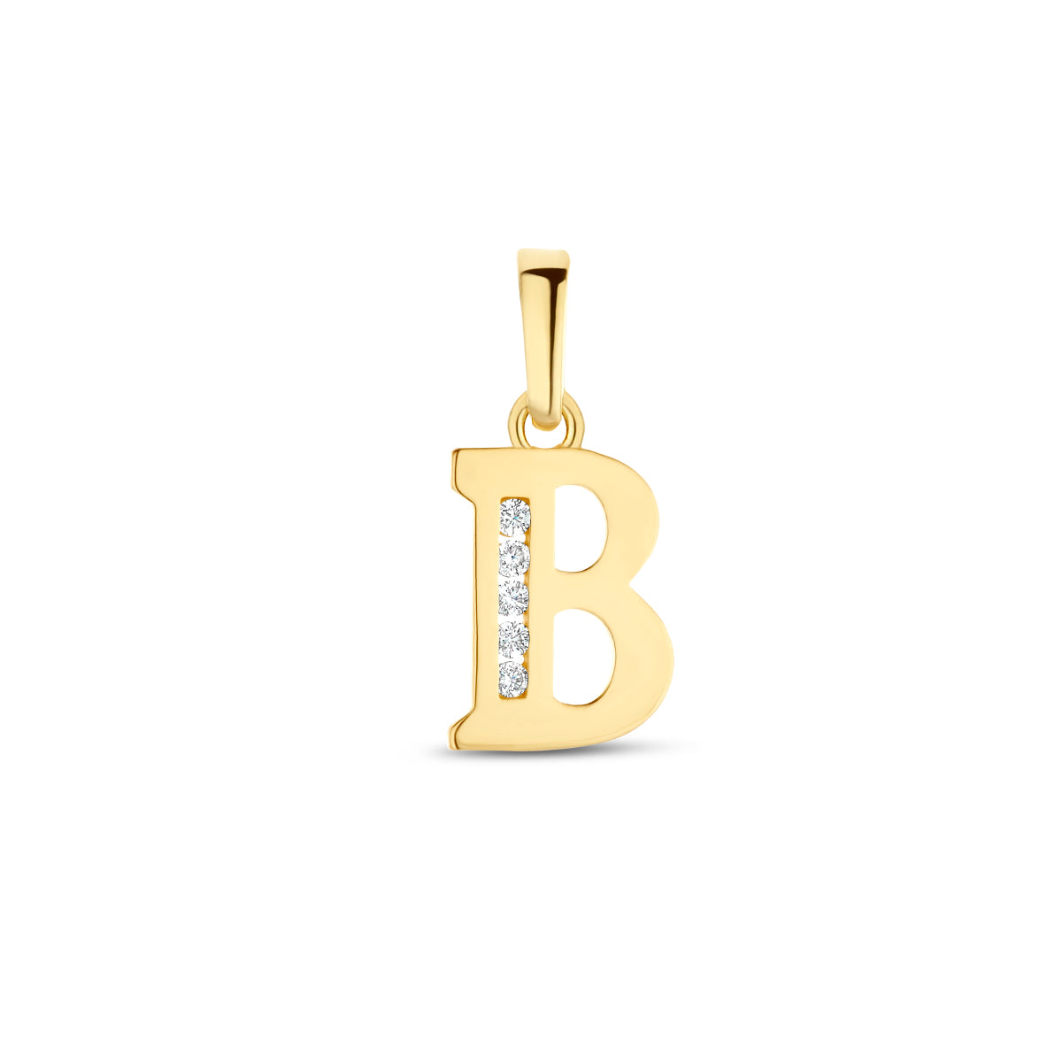 Vooraanzicht van de letterhanger goud van 14 karaat met zirkonia, letter B