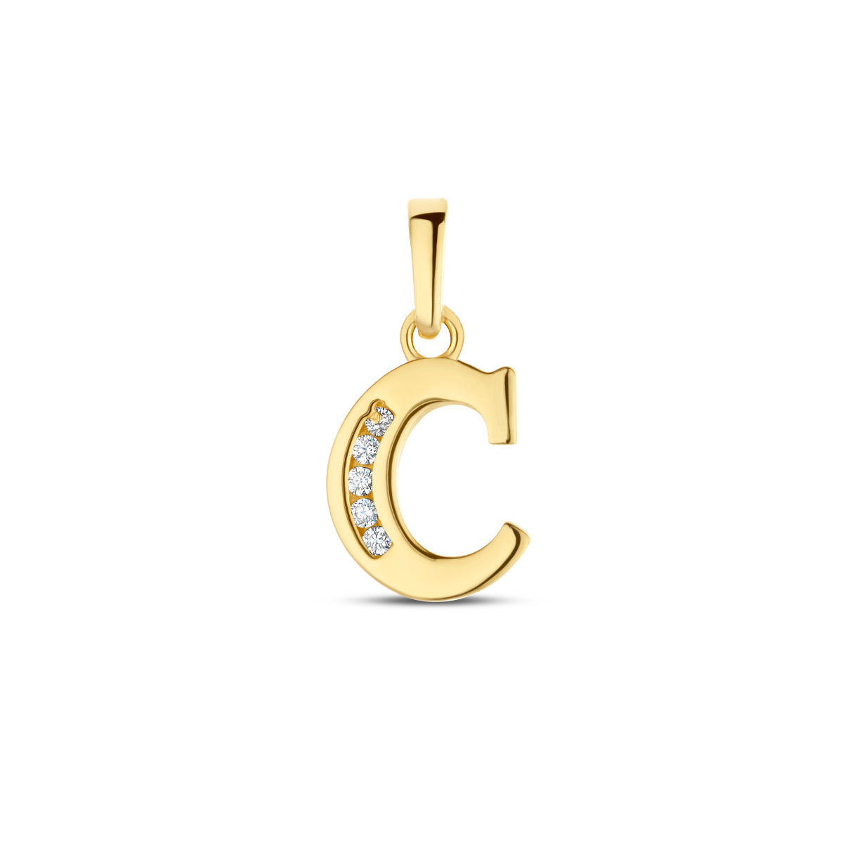 Vooraanzicht van de letterhanger goud van 14 karaat met zirkonia, letter C