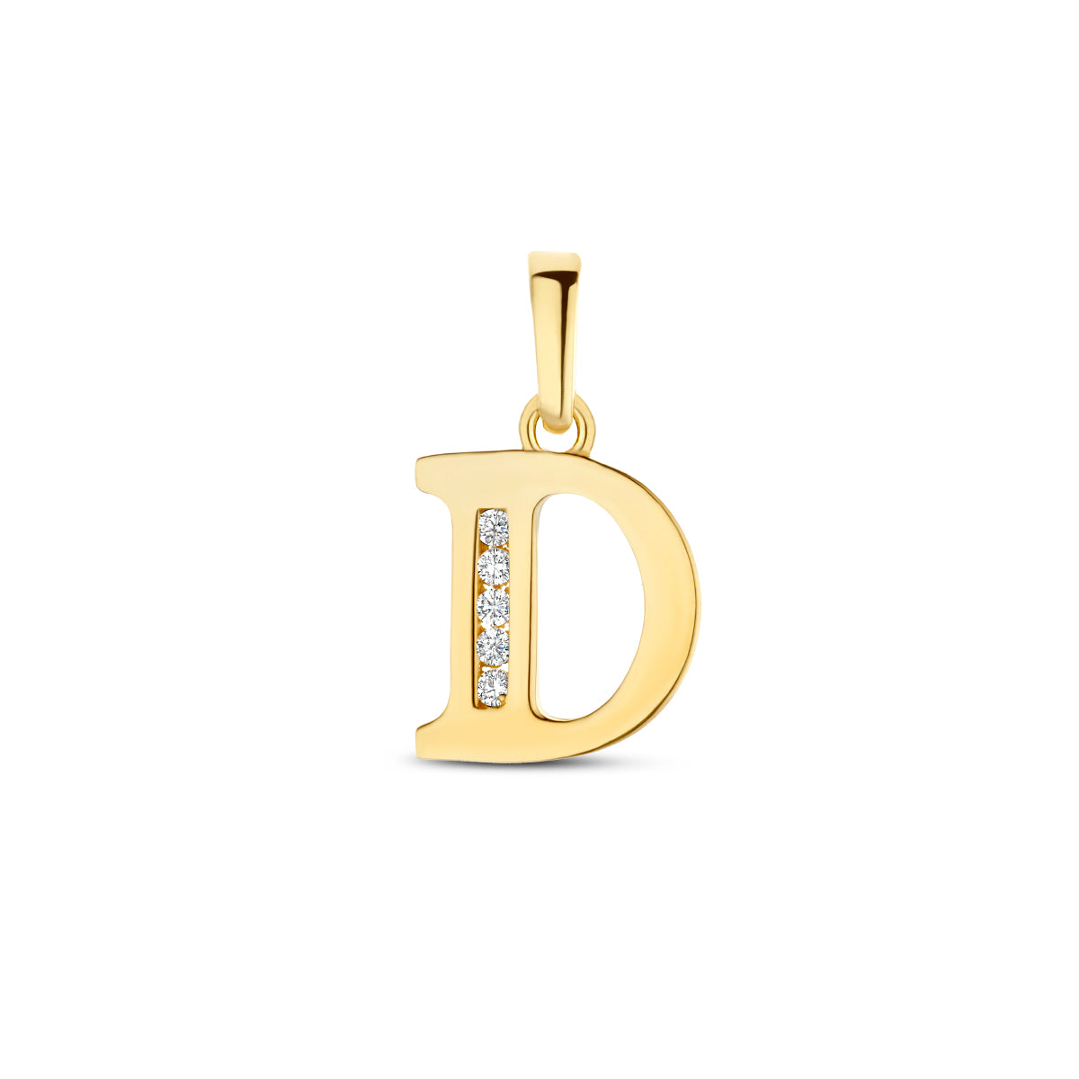 Vooraanzicht van de letterhanger goud van 14 karaat met zirkonia, letter D