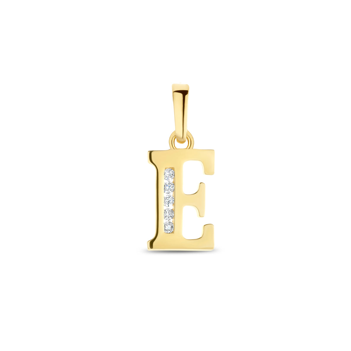 Vooraanzicht van de letterhanger goud van 14 karaat met zirkonia, letter E