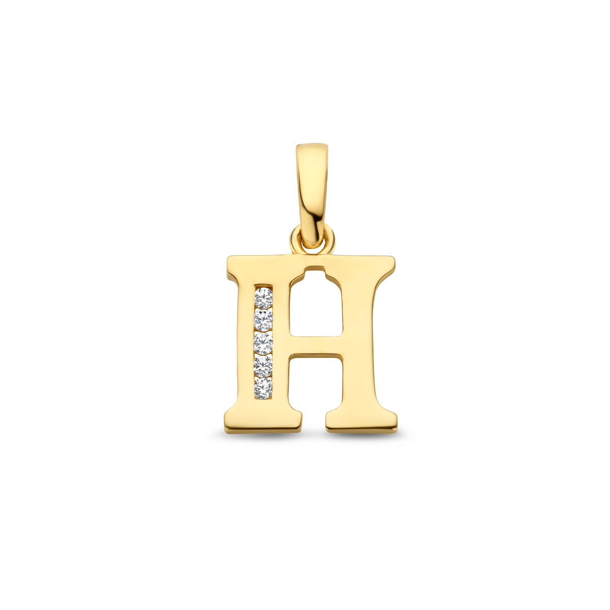 Vooraanzicht van de letterhanger goud van 14 karaat met zirkonia, letter H