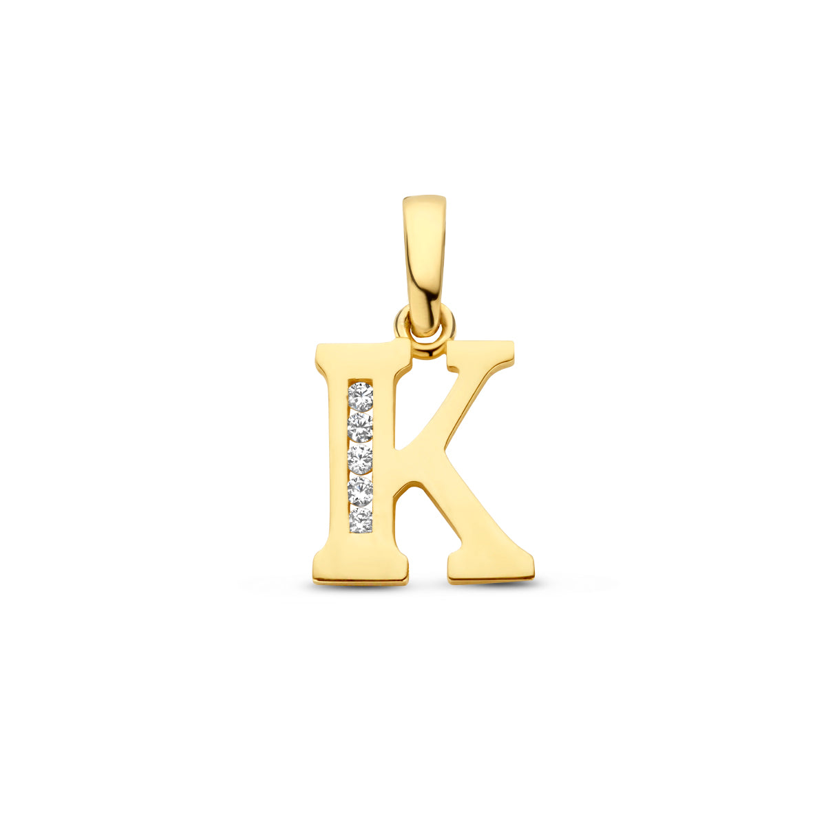 Vooraanzicht van de letterhanger goud van 14 karaat met zirkonia, letter K