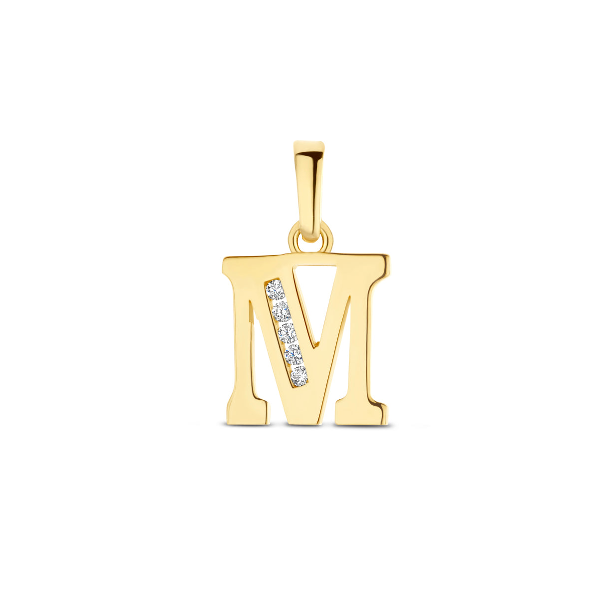 Vooraanzicht van de letterhanger goud van 14 karaat met zirkonia, letter M