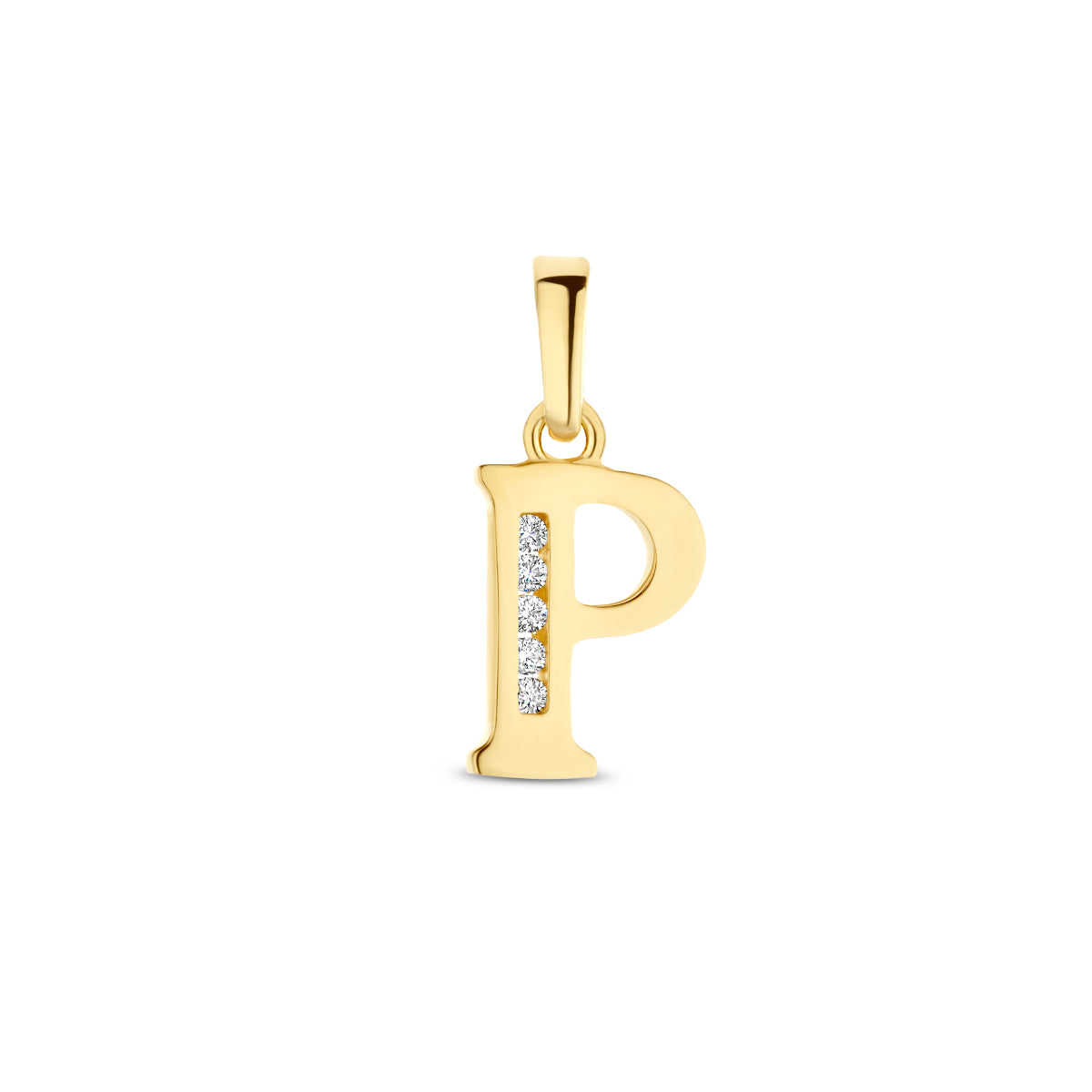 Vooraanzicht van de letterhanger goud van 14 karaat met zirkonia, letter P