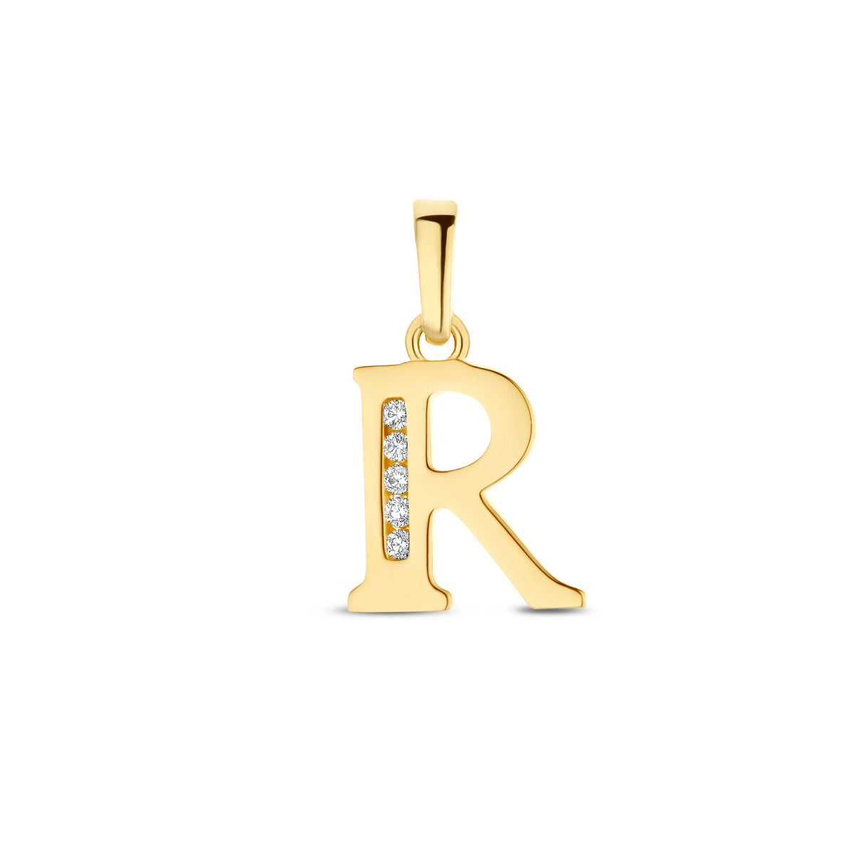 Vooraanzicht van de letterhanger goud van 14 karaat met zirkonia, letter R