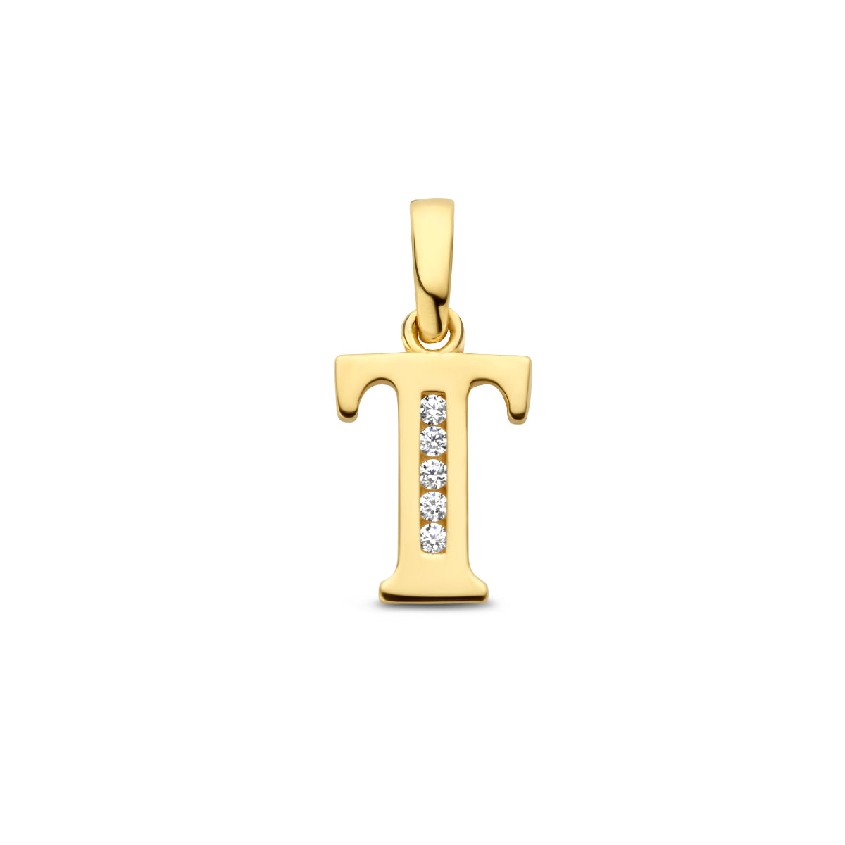 Vooraanzicht van de letterhanger goud van 14 karaat met zirkonia, letter T