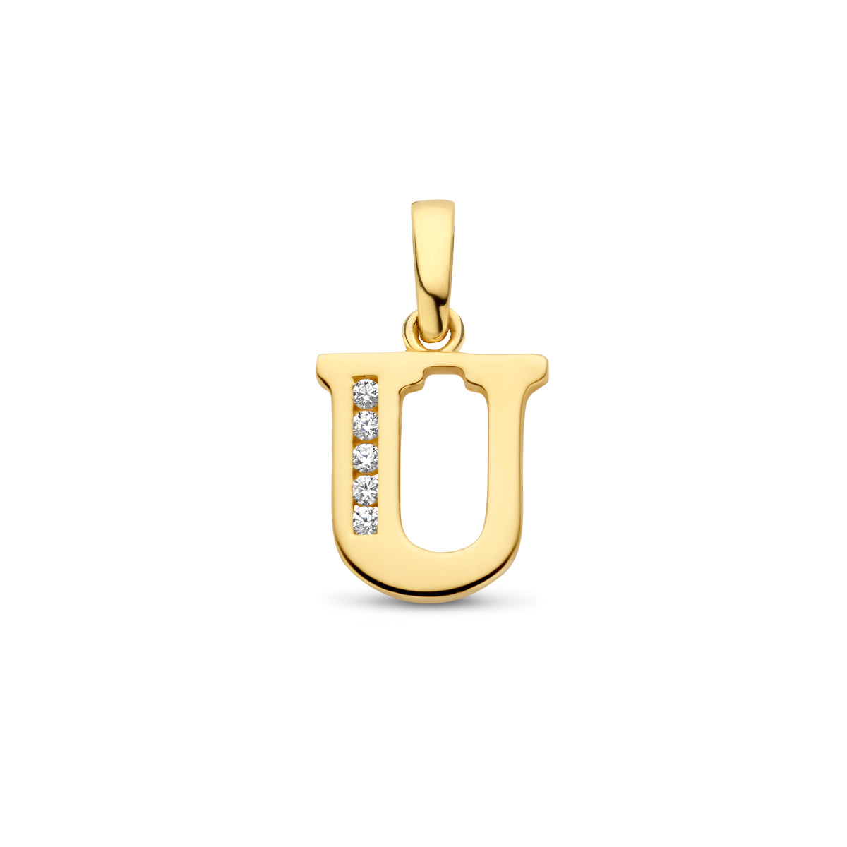 Vooraanzicht van de letterhanger goud van 14 karaat met zirkonia, letter U