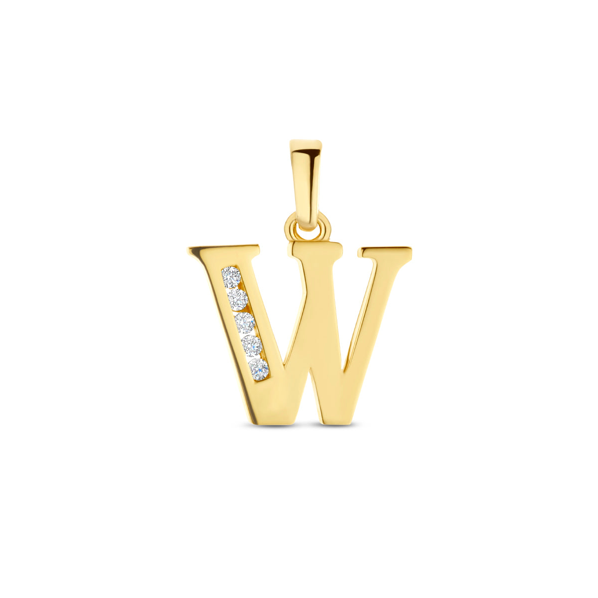 Vooraanzicht van de letterhanger goud van 14 karaat met zirkonia, letter W
