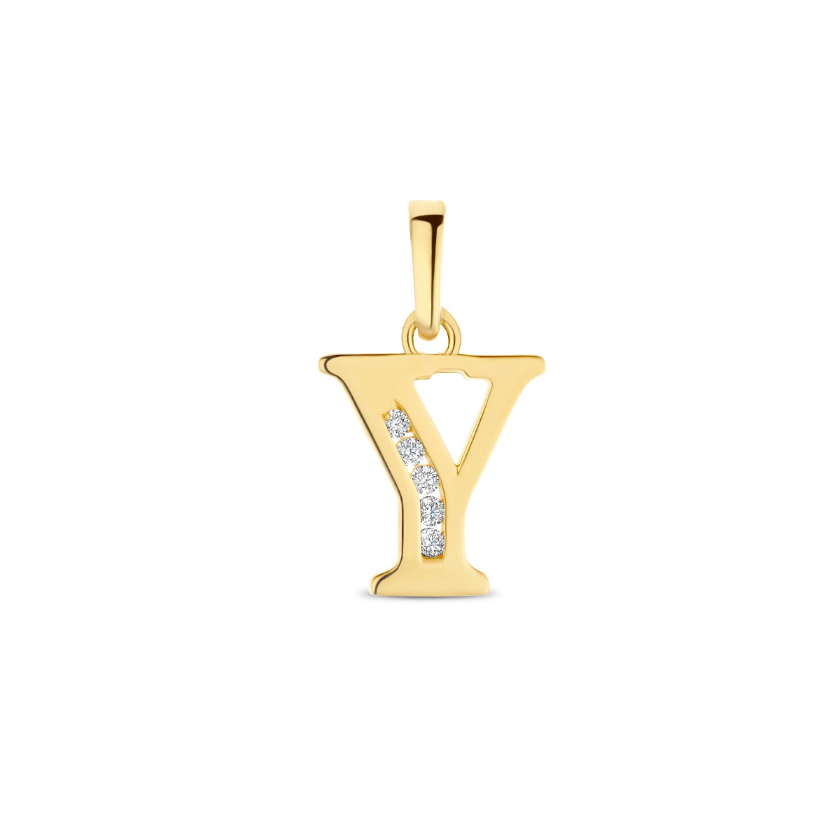 Vooraanzicht van de letterhanger goud van 14 karaat met zirkonia, letter Y