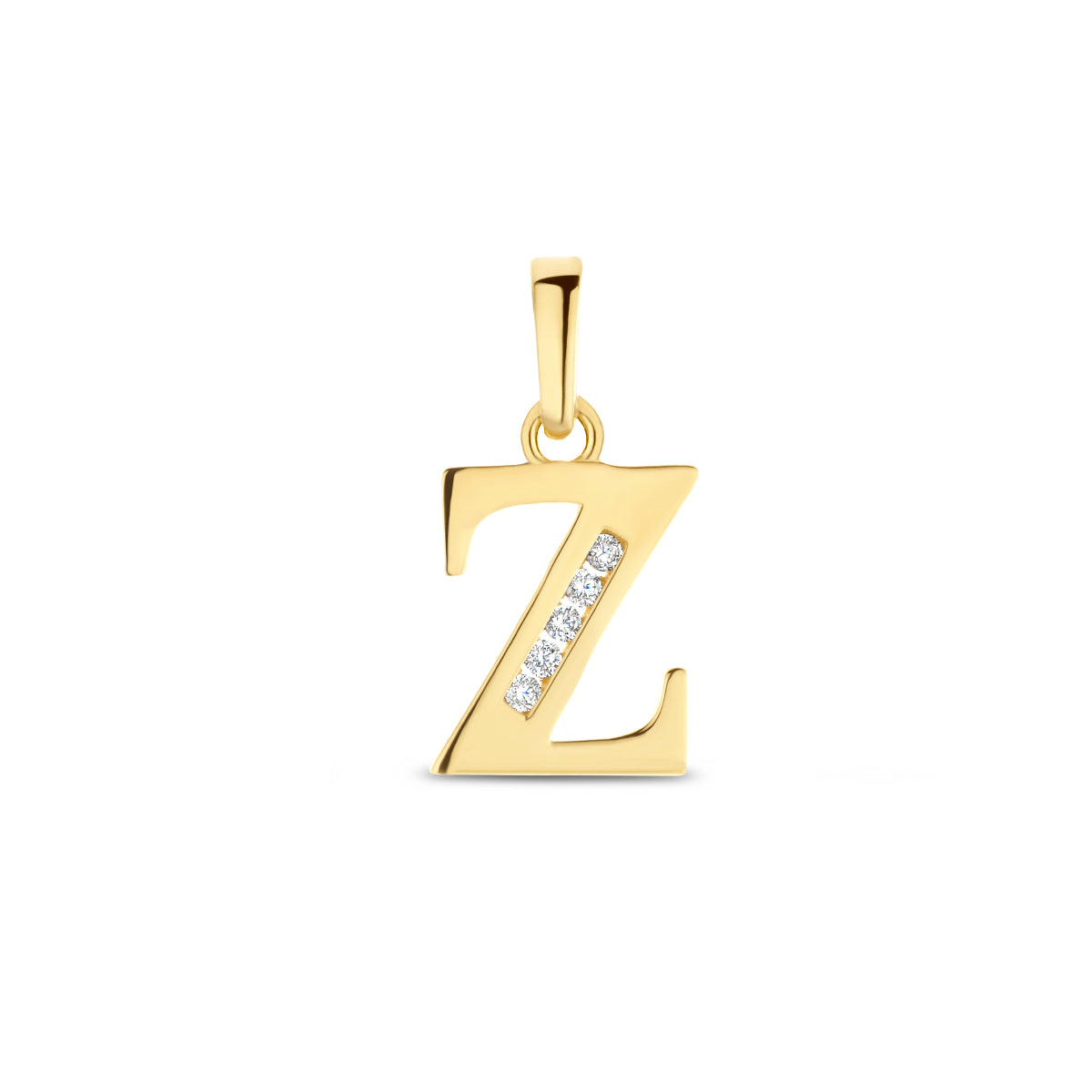 Vooraanzicht van de letterhanger goud van 14 karaat met zirkonia, letter Z