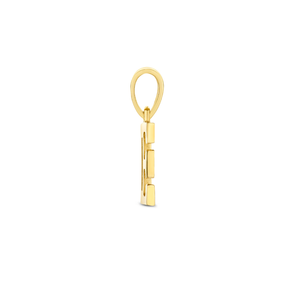 Zijaanzicht van de letterhanger goud van 14 karaat met zirkonia, letter E