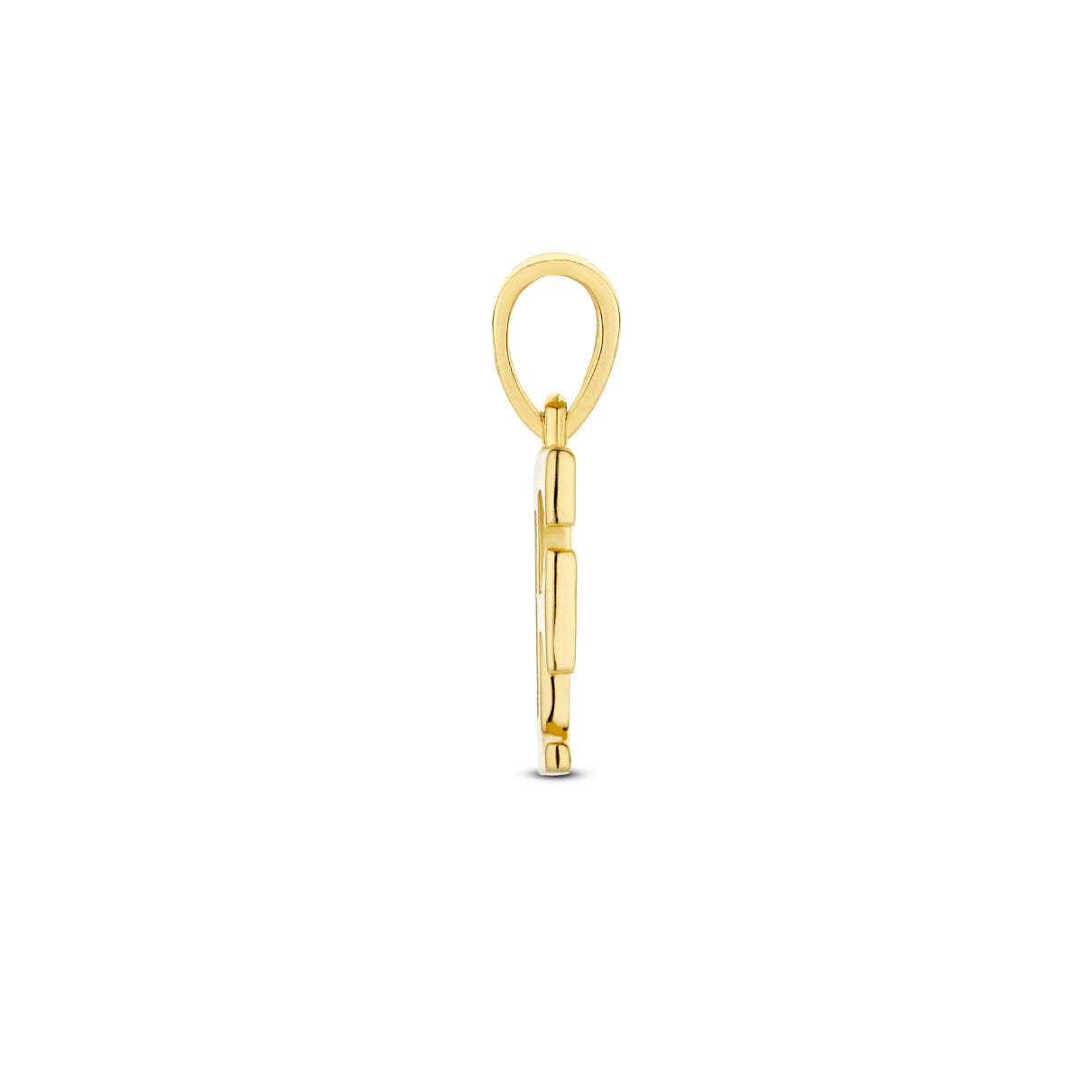 Zijaanzicht van de letterhanger goud van 14 karaat met zirkonia, letter F